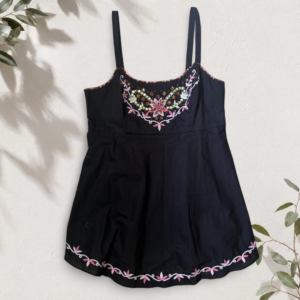 Telluride Clothing Co Black Babydoll Top Pink Floral Embroidery Sequin Boho 4